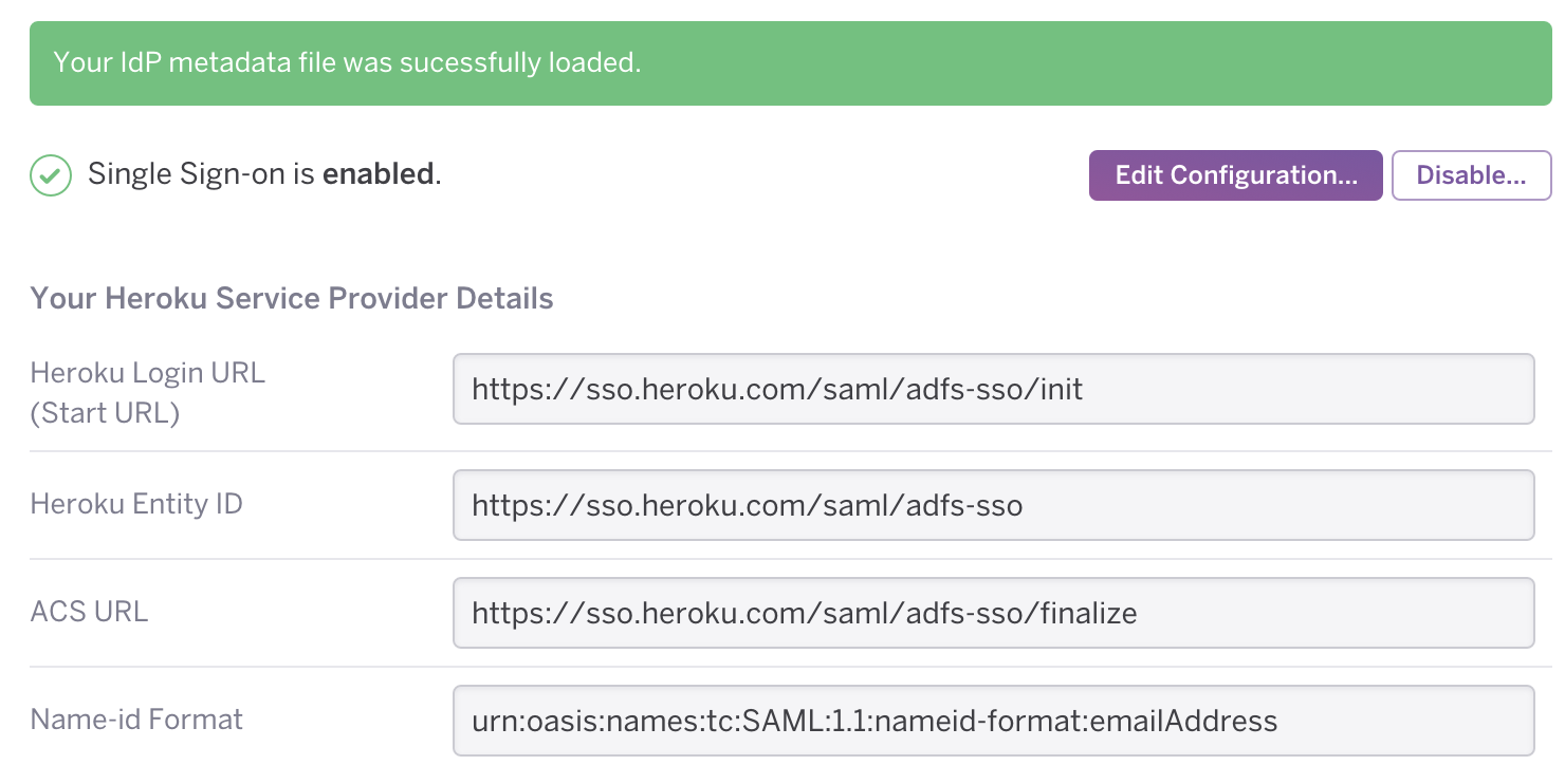 Heroku の SSO 設定のダッシュボード