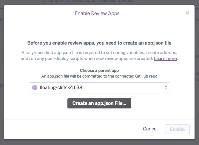 app.json create dialog appears when review apps are enebled from the Pipelines page