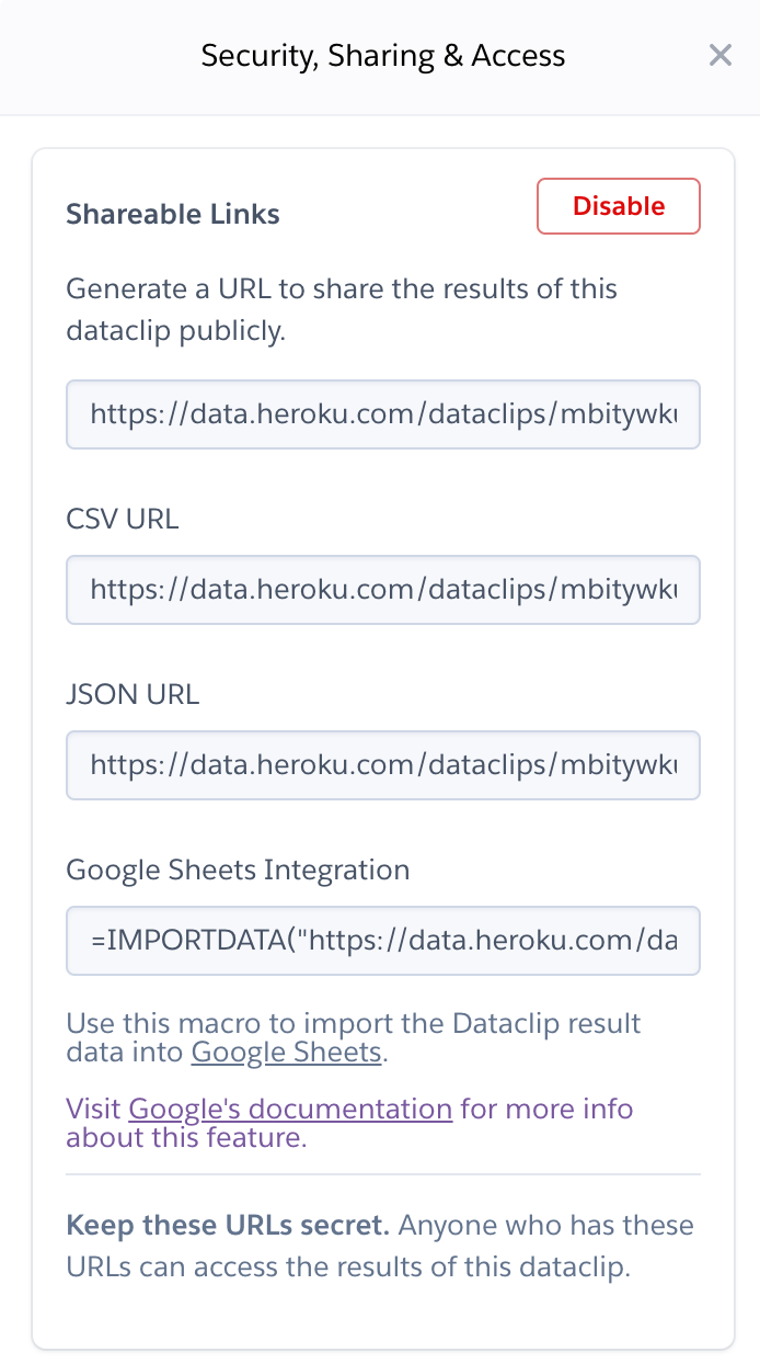 Screenshot of data.heroku.com with a exportable Dataclip link