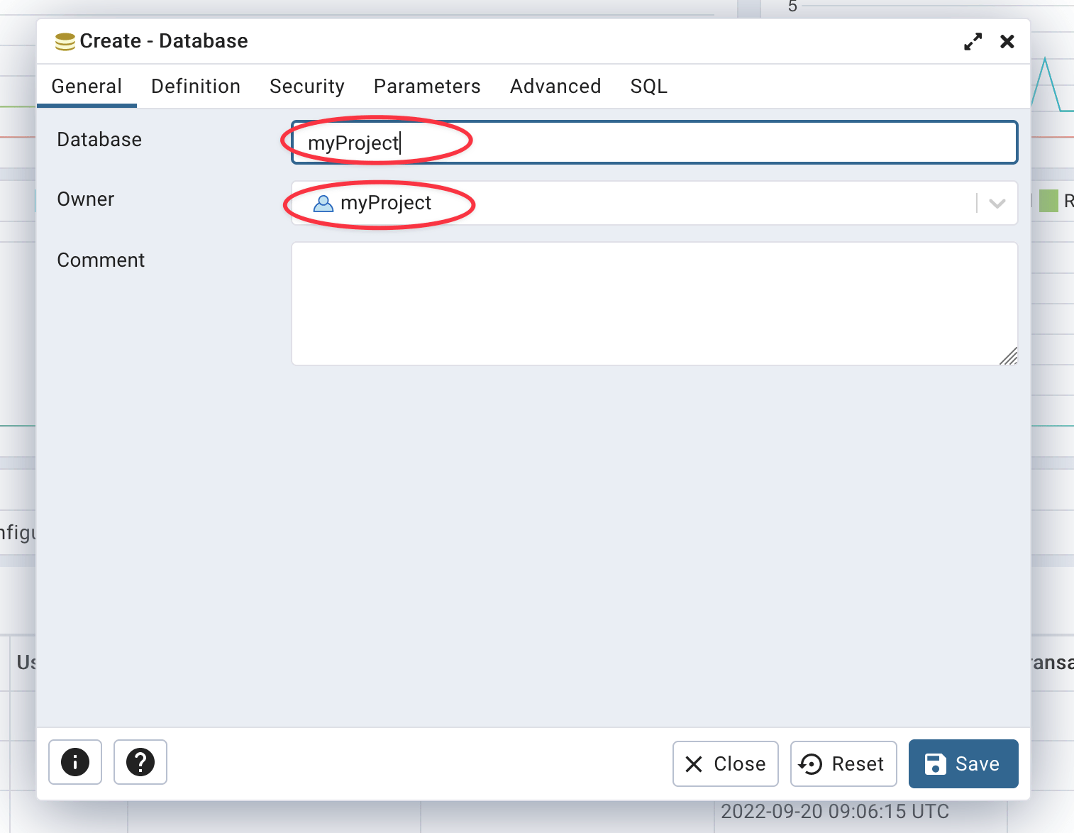 Defined database name and owner