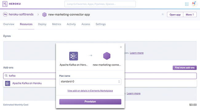 A screenshot of the interface for provisioning the Apache Kafka on Heroku add-on on the Heroku Dashboard.