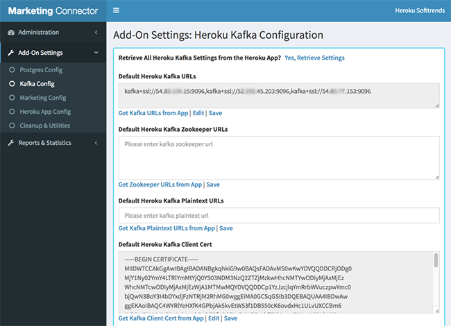 A screenshot showing the available settings for Apache Kafka on Heroku configuration including the default connection string.