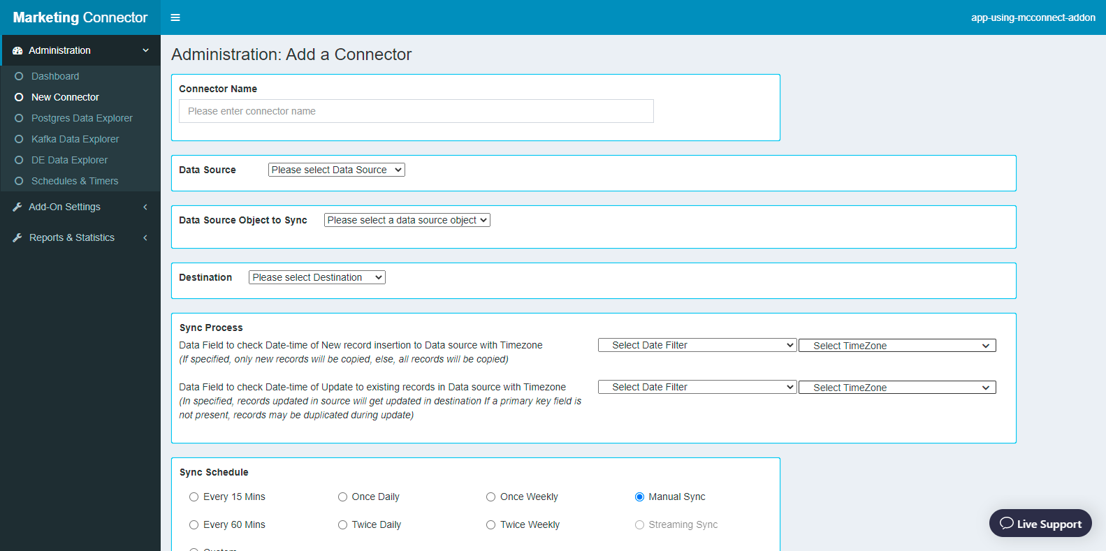 A screenshot of the Add a Connector dashboard page.