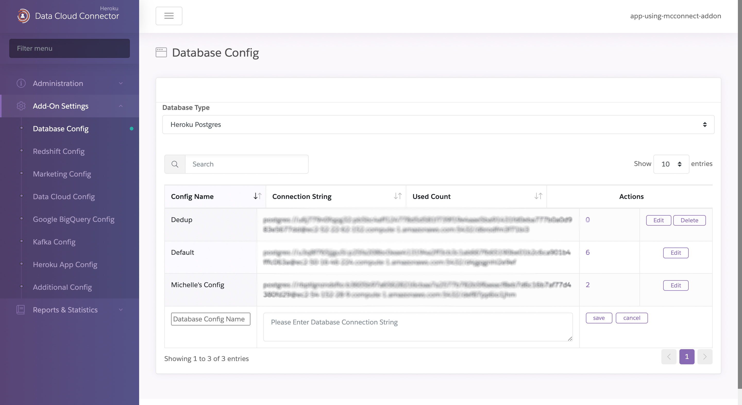 A screenshot displaying an existing Heroku Postgres configuration string and two fields to provide a new connection string: the connection string name and connection string value.