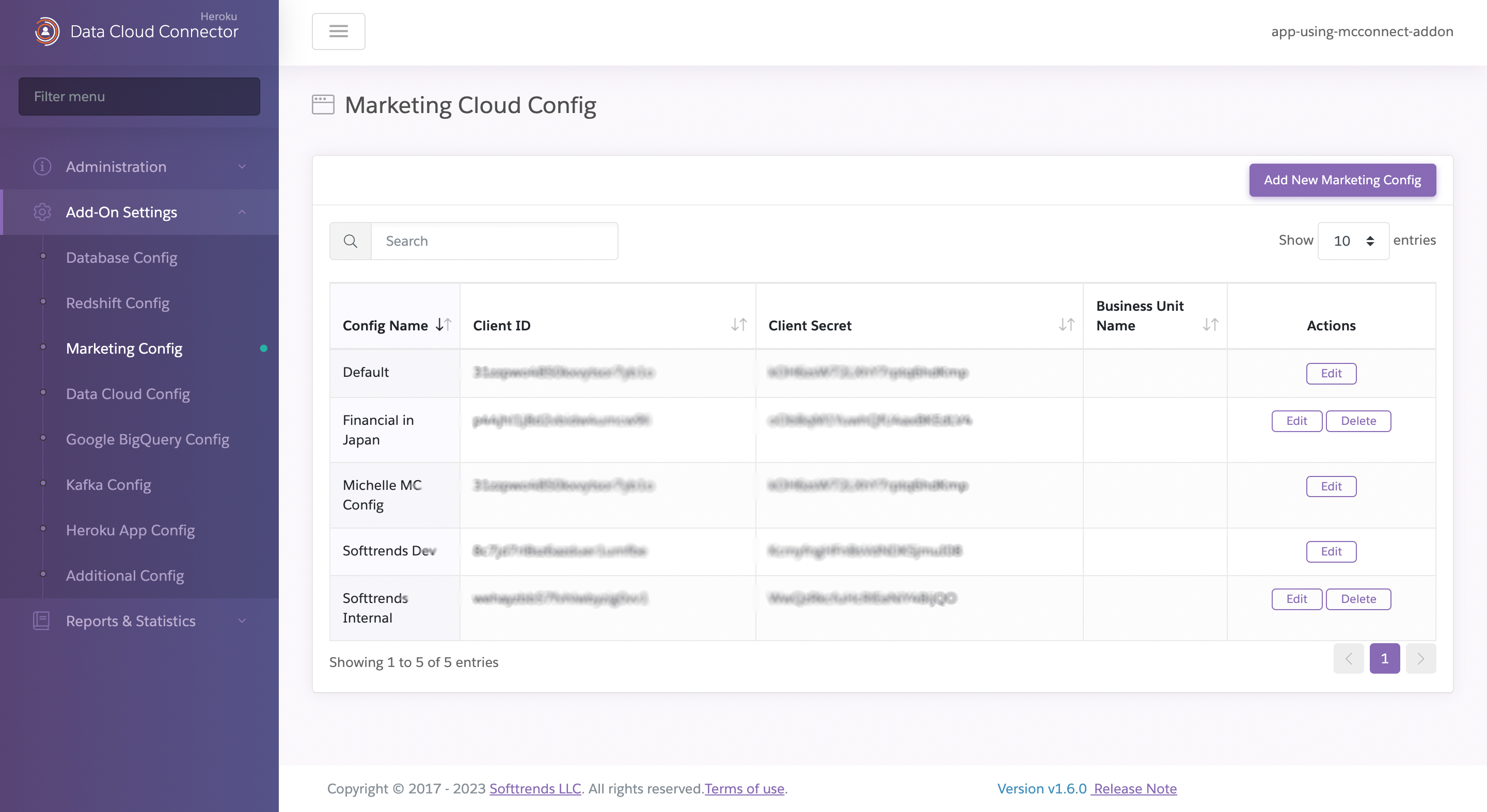 A screenshot of the Marketing Cloud Configuration page showing a list of configurations with the option to add additional configurations.