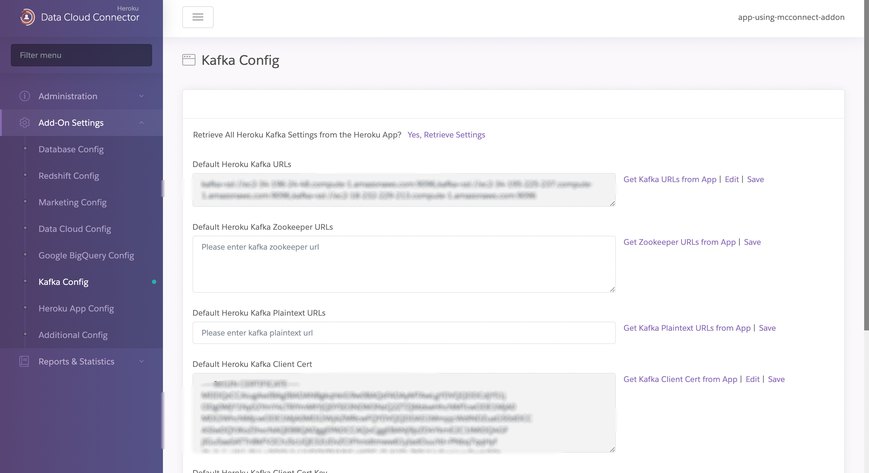 A screenshot showing detected Apache Kafka on Heroku URLs and related information.