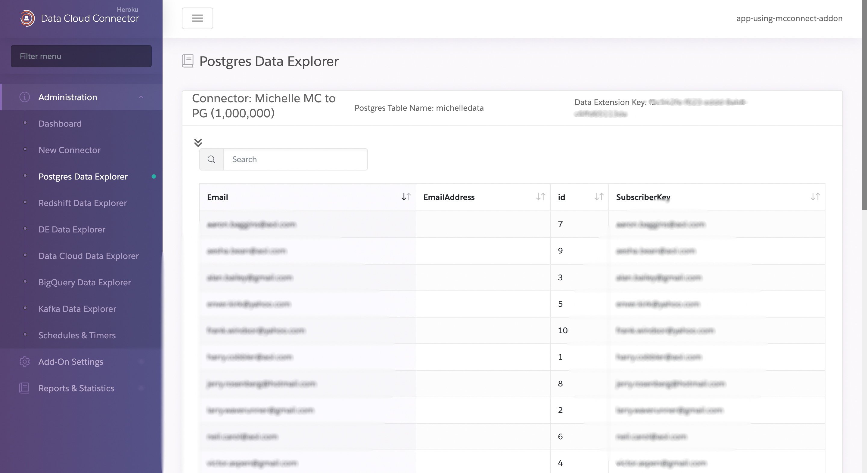 A screenshot of the Postgres Data Explorer Administration page showing synchronized marketing data rows.