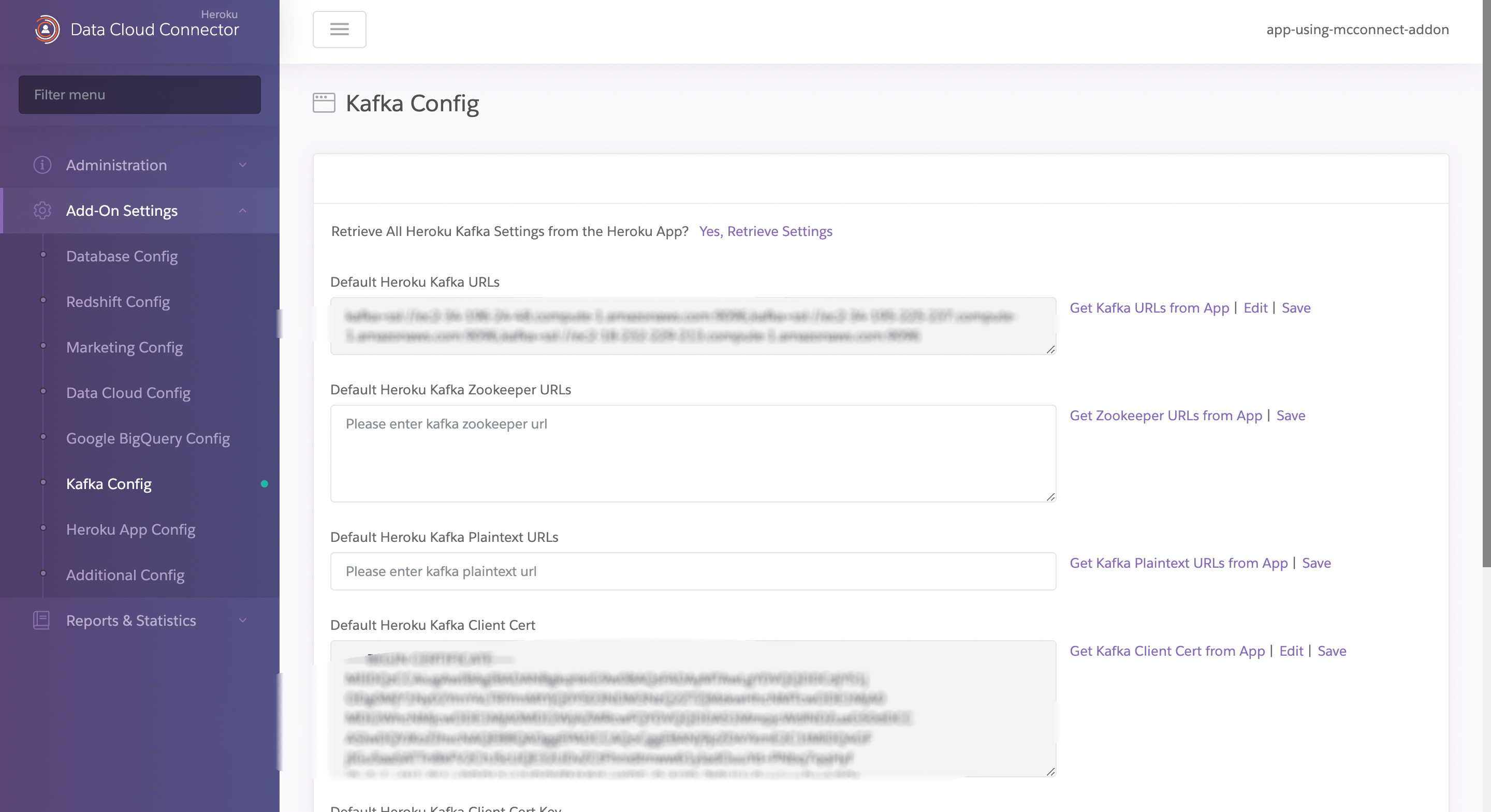 A screenshot showing the available settings for Apache Kafka on Heroku configuration including the default connection string.