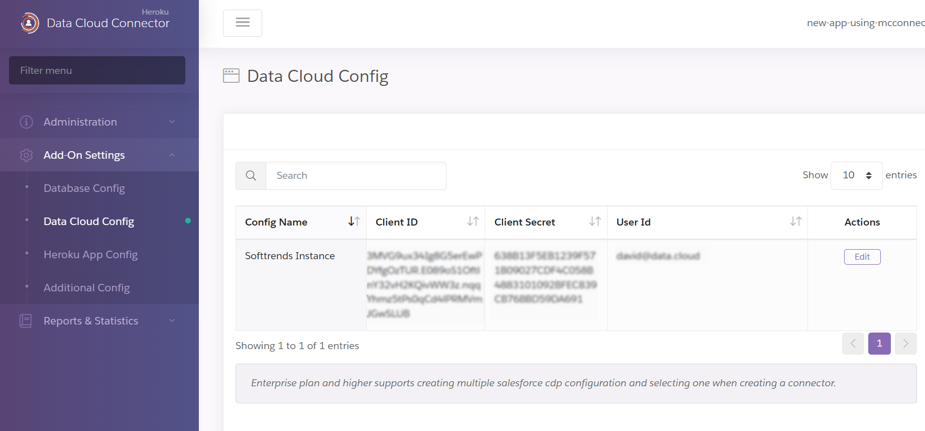 A screenshot of single Data Cloud configuration listed with no option to create another Configuration.