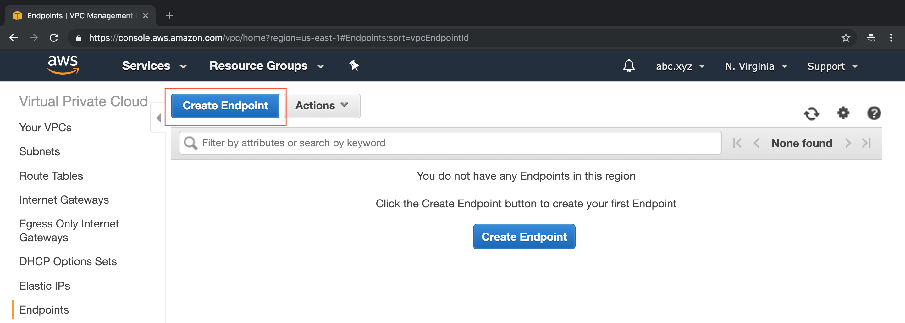 AWS コンソールの 「Create Endpoint」 (エンドポイントの作成) ウィンドウを示すスクリーンキャプチャ