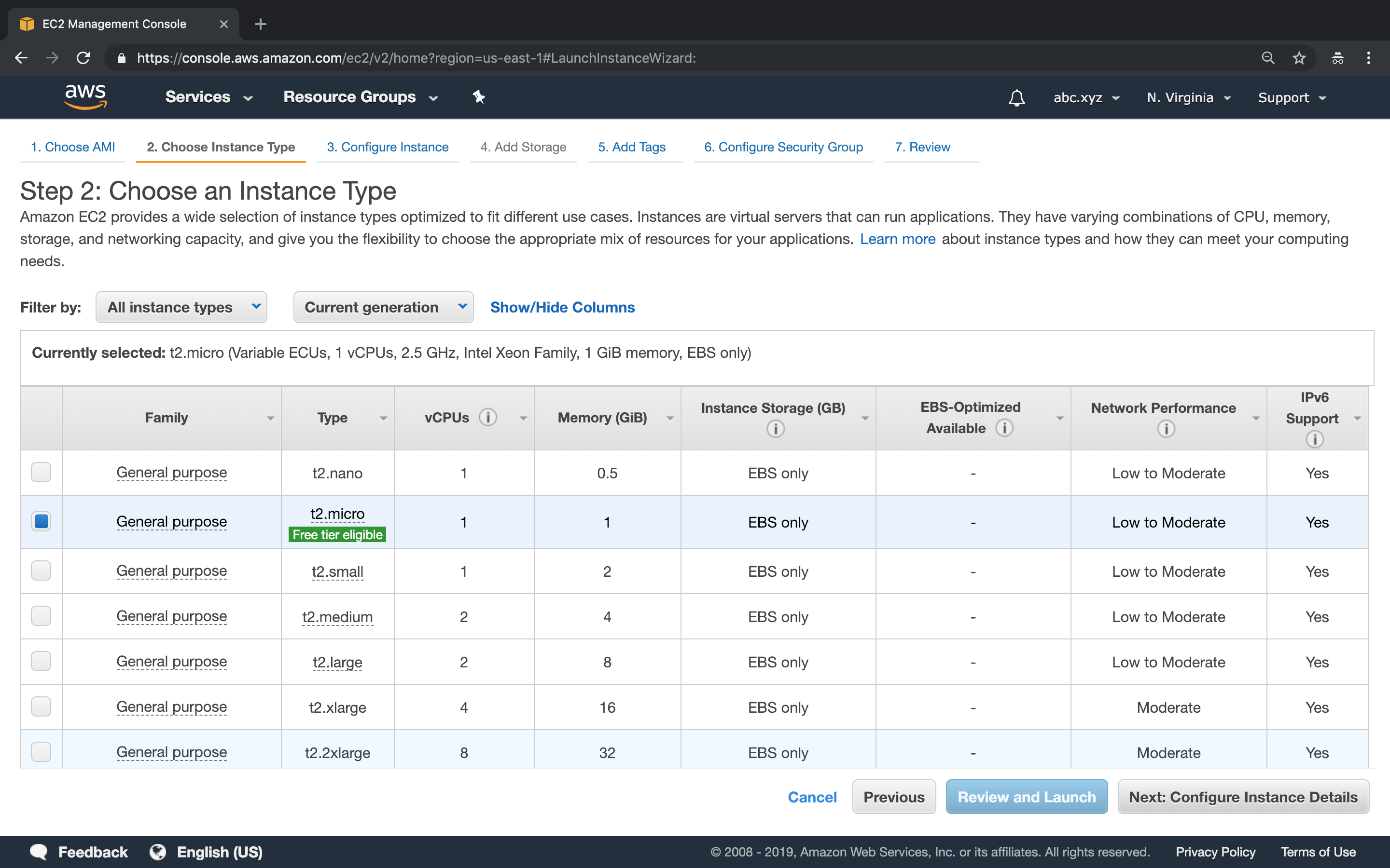 Instance Type window of the EC2 Dashboard